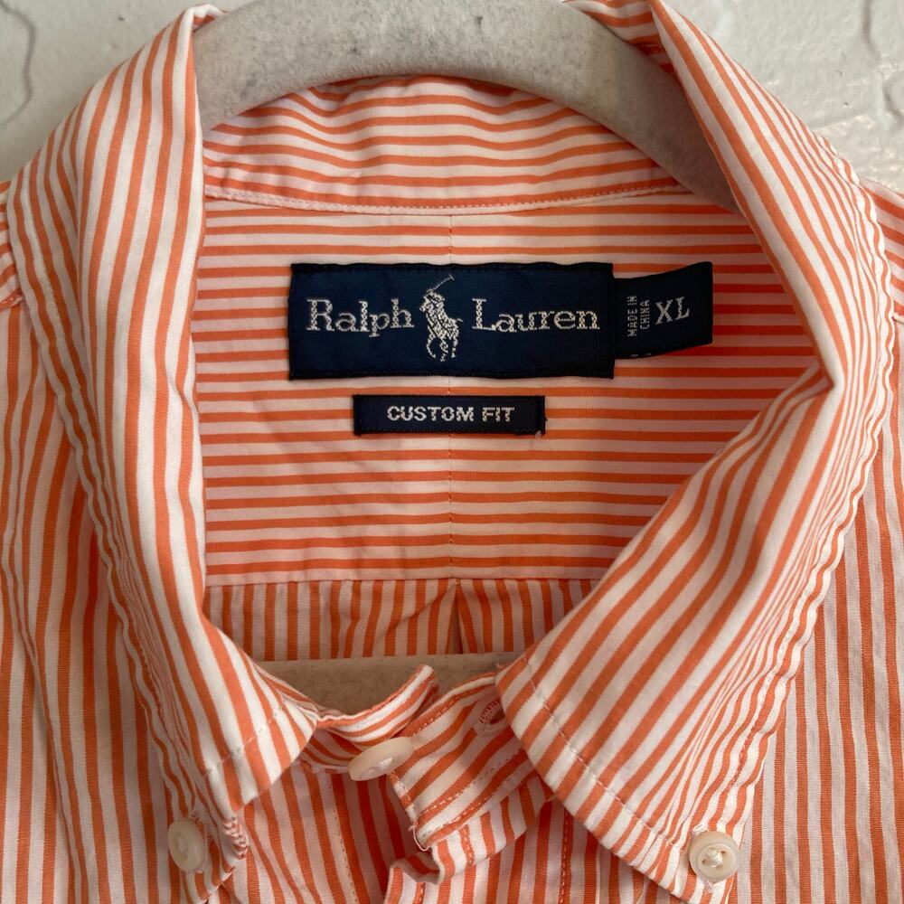 Vintage 90s Polo Ralph Lauren Orange White Stripe Custom Fit Dress Shirt Size XL - Picture 6 of 16